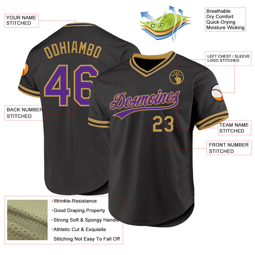 Custom Black Purple-Old Gold Authentic Throwback Baseball Jersey - Sky-Custom