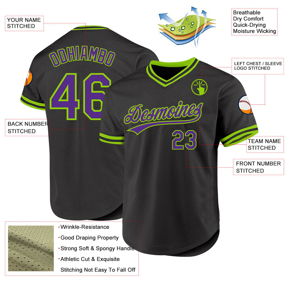 Custom Black Purple-Neon Green Authentic Throwback Baseball Jersey - Sky-Custom
