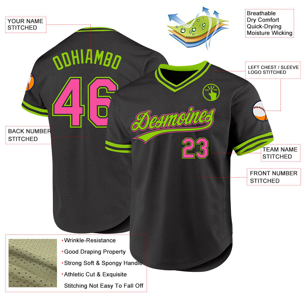 Custom Black Pink-Neon Green Authentic Throwback Baseball Jersey - Sky-Custom