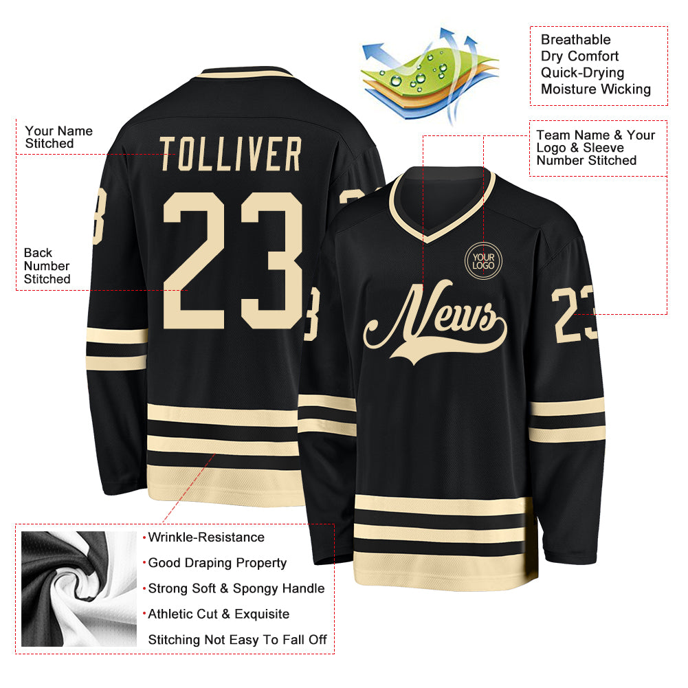 Custom Black Cream Hockey Jersey - Sky-Custom