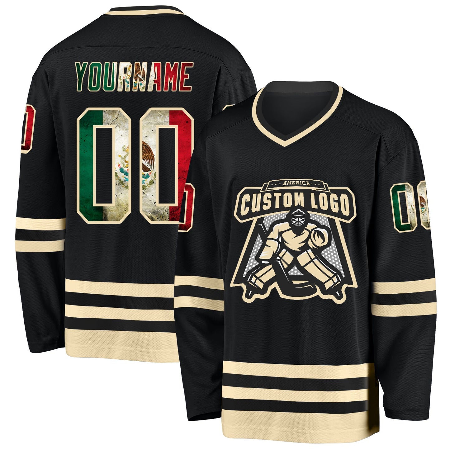 Custom Black Vintage Mexican Flag-Cream Hockey Jersey - Sky-Custom