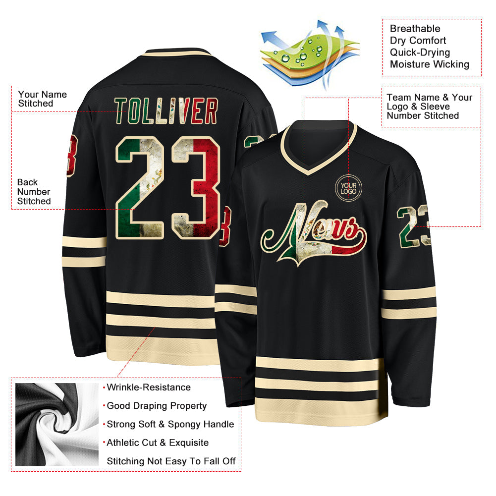 Custom Black Vintage Mexican Flag-Cream Hockey Jersey - Sky-Custom