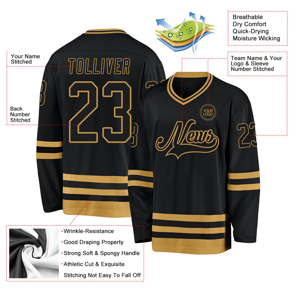 Custom Black Old Gold Hockey Jersey - Sky-Custom