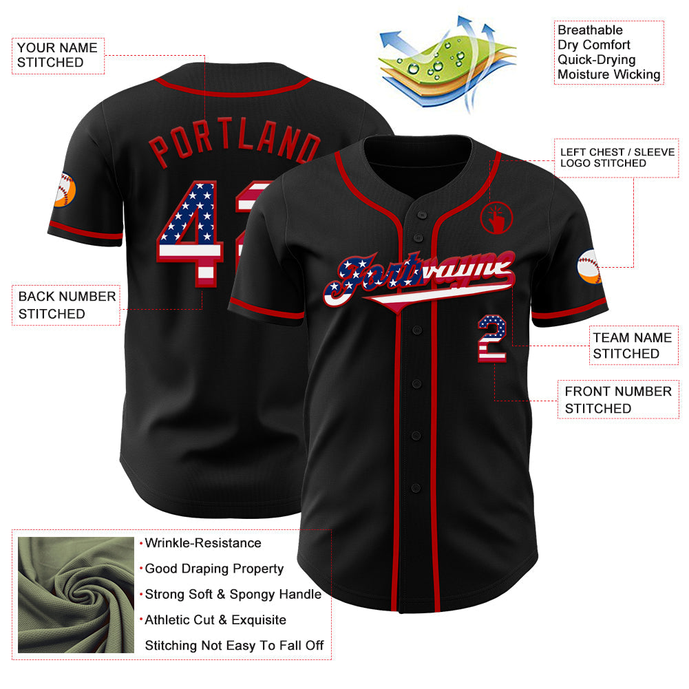 Custom Black USA Flag-Red Authentic Baseball Jersey - Sky-Custom