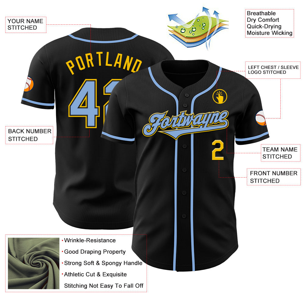Custom Black Light Blue-Yellow Authentic Baseball Jersey - Sky-Custom