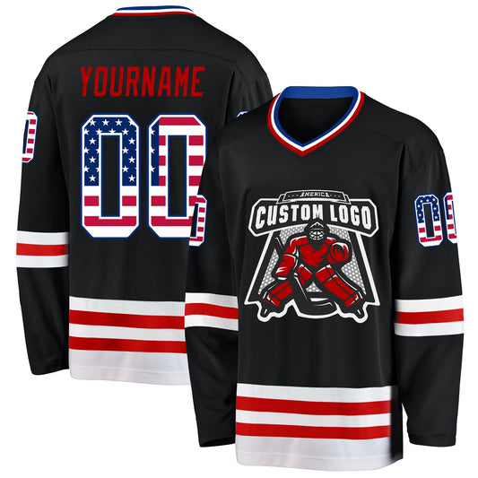 Custom Black USA Flag Royal-Red Hockey Jersey - Sky-Custom