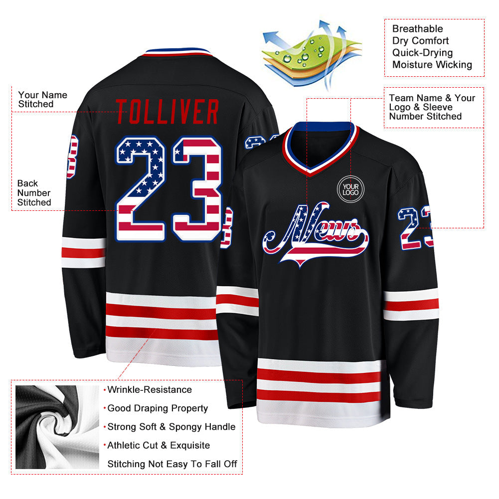Custom Black USA Flag Royal-Red Hockey Jersey - Sky-Custom