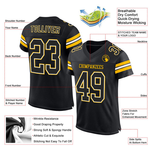 Custom Black White-Gold Mesh Authentic Football Jersey - Sky-Custom