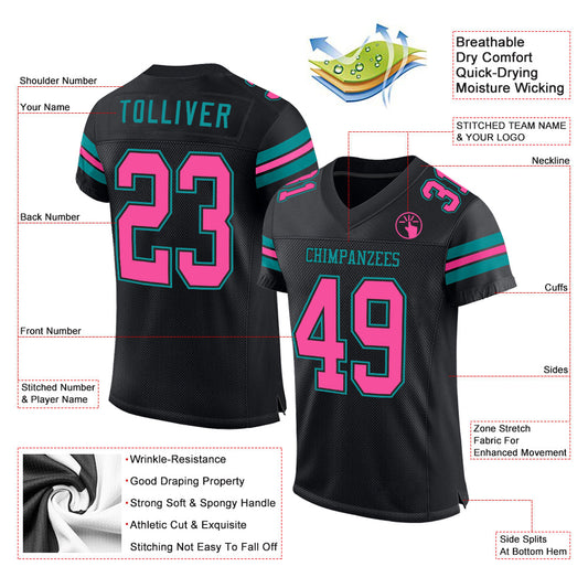 Custom Black Pink-Teal Mesh Authentic Football Jersey - Sky-Custom