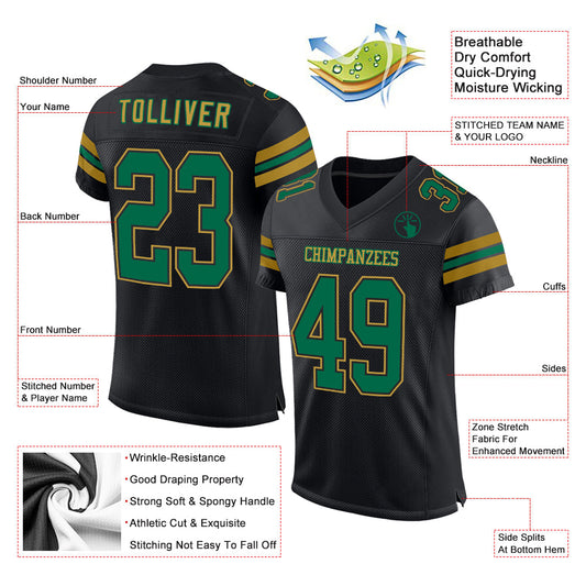 Custom Black Kelly Green-Old Gold Mesh Authentic Football Jersey - Sky-Custom