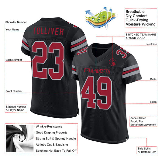 Custom Black Cardinal-Gray Mesh Authentic Football Jersey - Sky-Custom