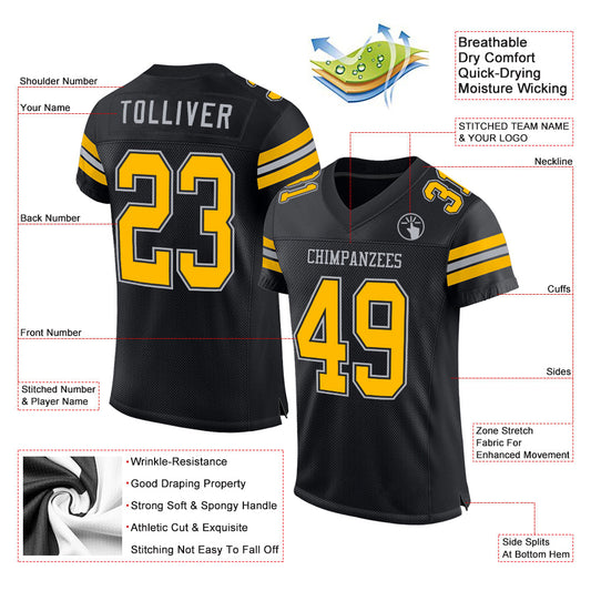 Custom Black Gold-Gray Mesh Authentic Football Jersey - Sky-Custom