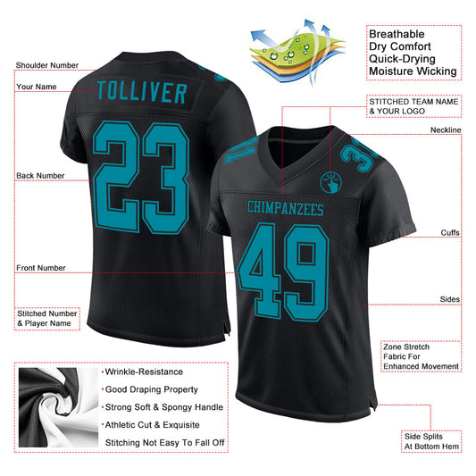 Custom Black Teal Mesh Authentic Football Jersey - Sky-Custom