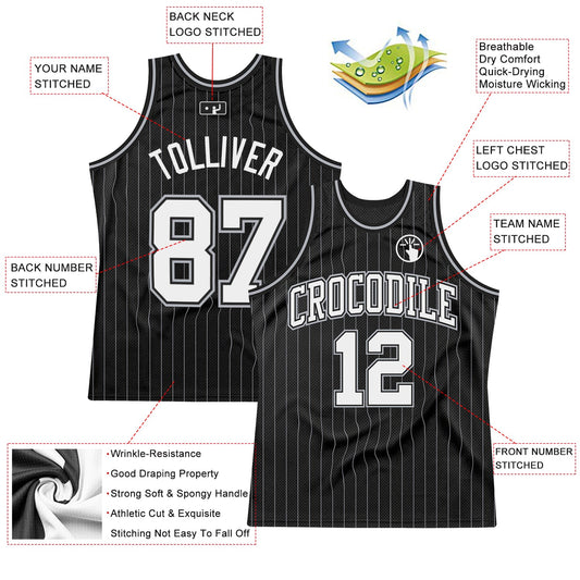 Custom Black Gray Pinstripe White Authentic Basketball Jersey - Sky-Custom