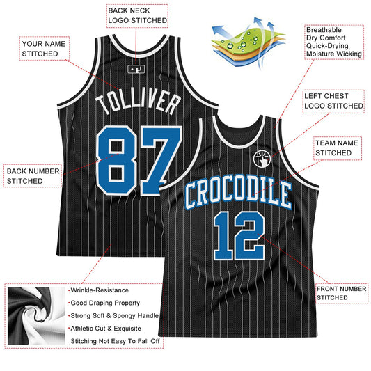 Custom Black White Pinstripe Blue Authentic Basketball Jersey - Sky-Custom