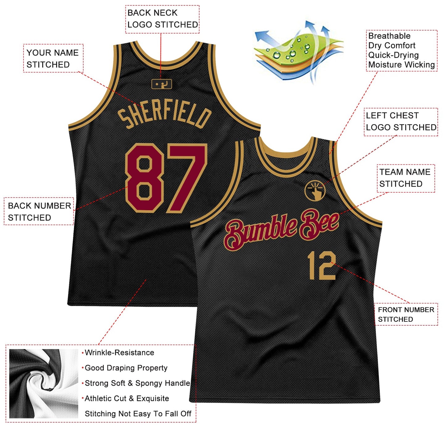 Custom Black Maroon-Old Gold Authentic Throwback Basketball Jersey - Sky-Custom