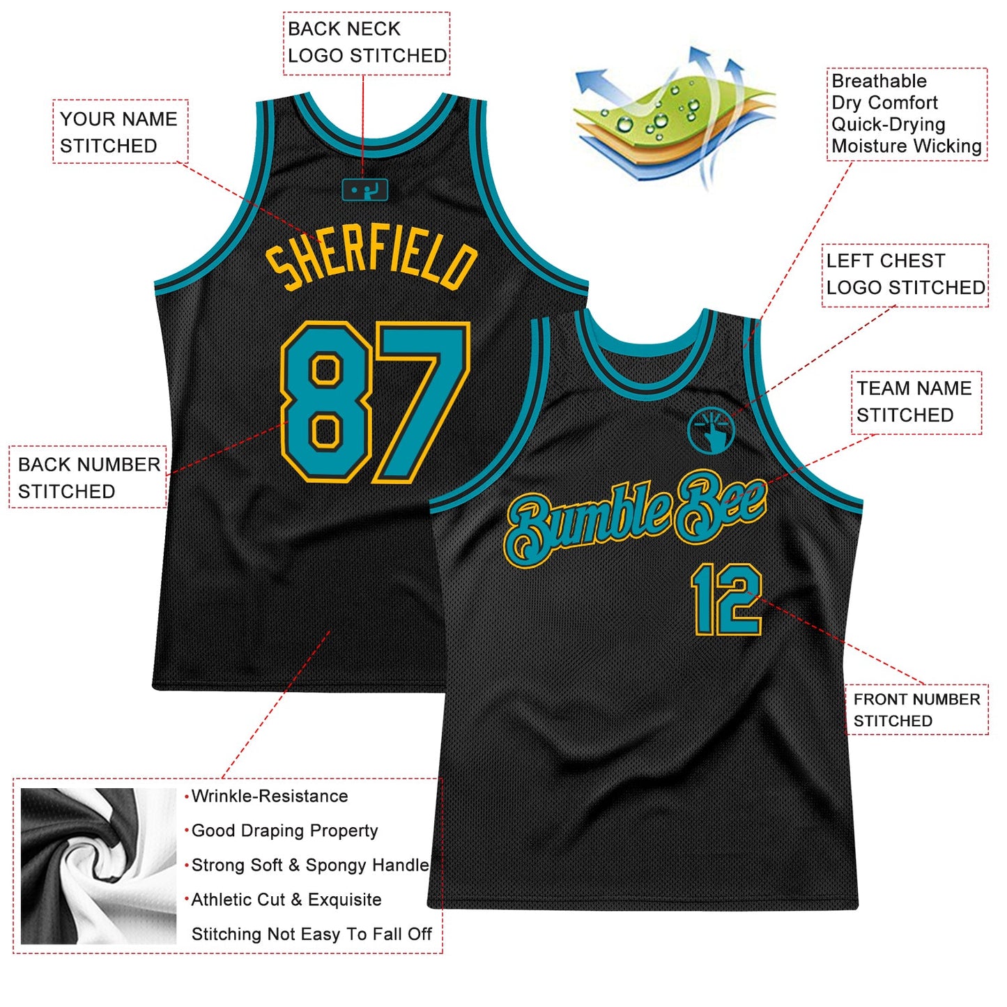 Custom Black Teal-Gold Authentic Throwback Basketball Jersey - Sky-Custom