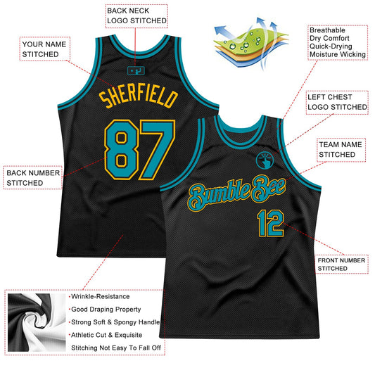 Custom Black Teal-Gold Authentic Throwback Basketball Jersey - Sky-Custom