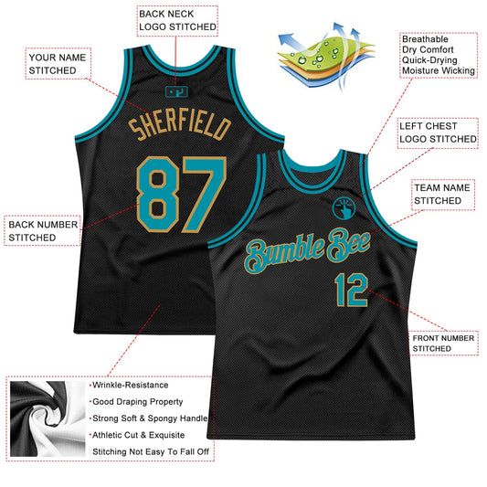 Custom Black Teal-Old Gold Authentic Throwback Basketball Jersey - Sky-Custom