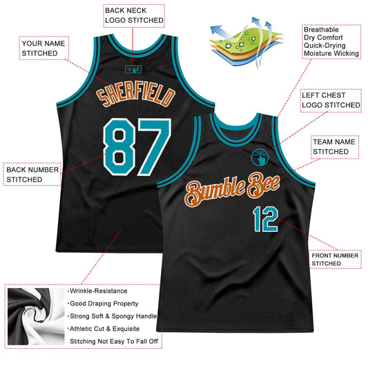 Custom Black Teal-Texas Orange Authentic Throwback Basketball Jersey - Sky-Custom