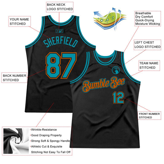 Custom Black Teal-Texas Orange Authentic Throwback Basketball Jersey - Sky-Custom