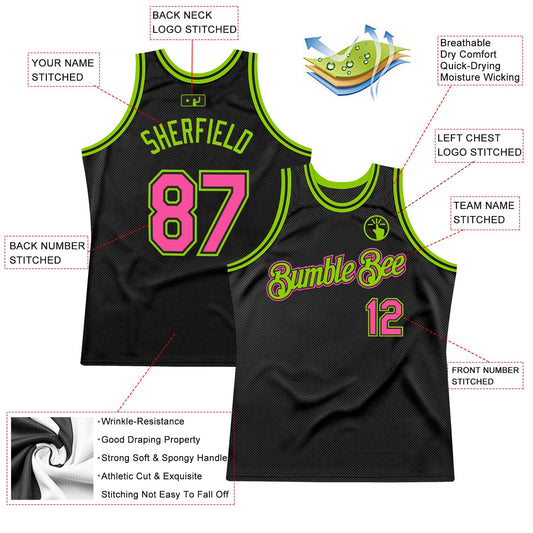 Custom Black Pink-Neon Green Authentic Throwback Basketball Jersey - Sky-Custom