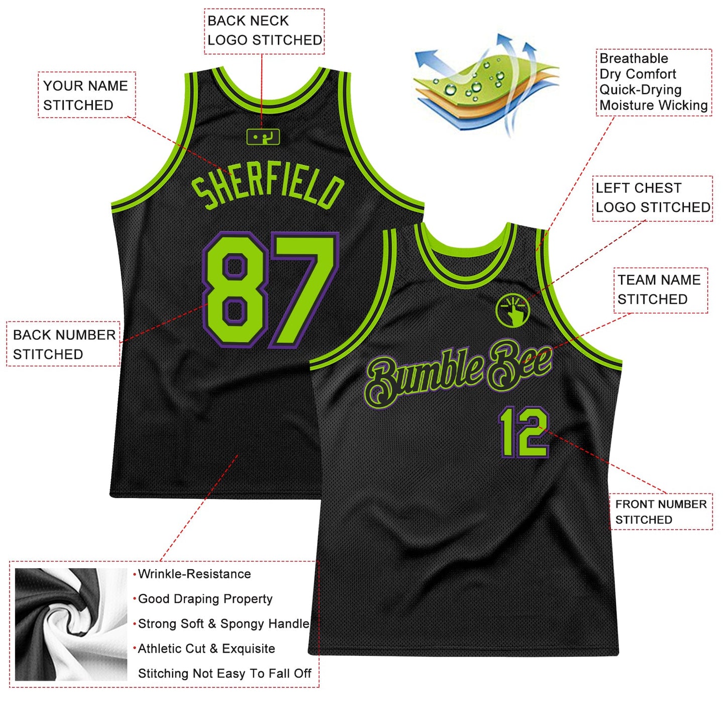 Custom Black Neon Green-Purple Authentic Throwback Basketball Jersey - Sky-Custom