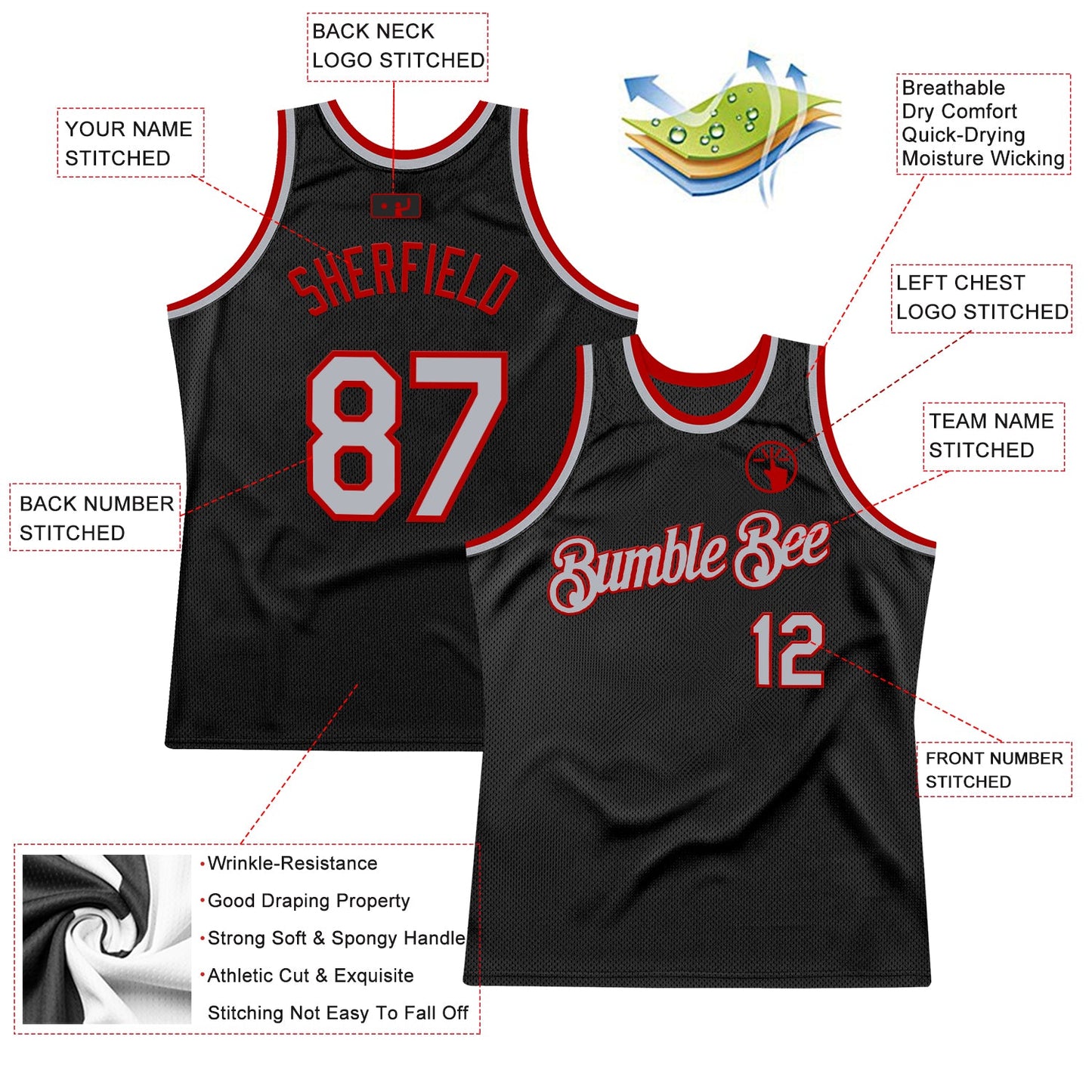 Custom Black Gray-Red Authentic Throwback Basketball Jersey - Sky-Custom