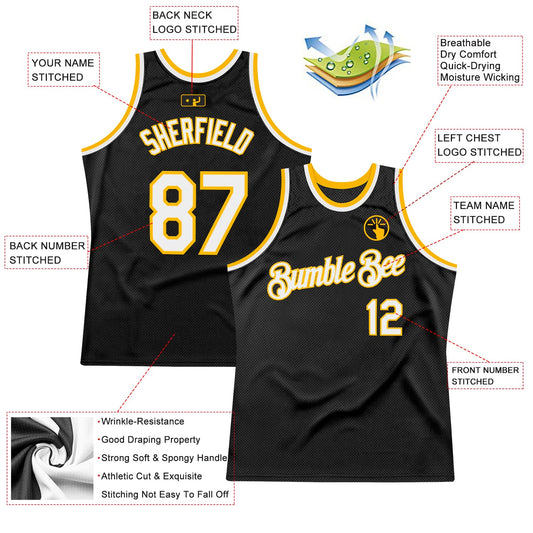 Custom Black White-Gold Authentic Throwback Basketball Jersey - Sky-Custom