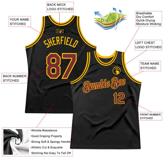 Custom Black Burgundy-Gold Authentic Throwback Basketball Jersey - Sky-Custom