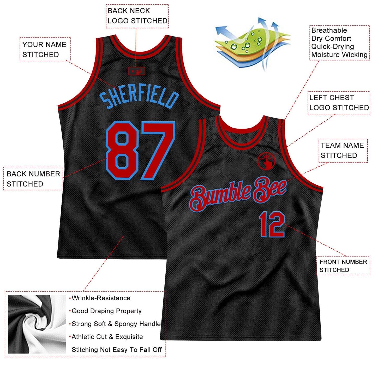 Custom Black Red-Powder Blue Authentic Throwback Basketball Jersey - Sky-Custom