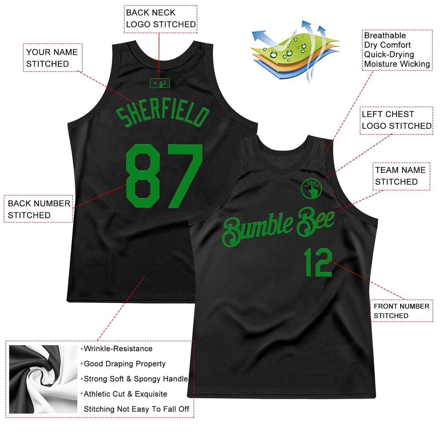 Custom Black Grass Green Authentic Throwback Basketball Jersey - Sky-Custom