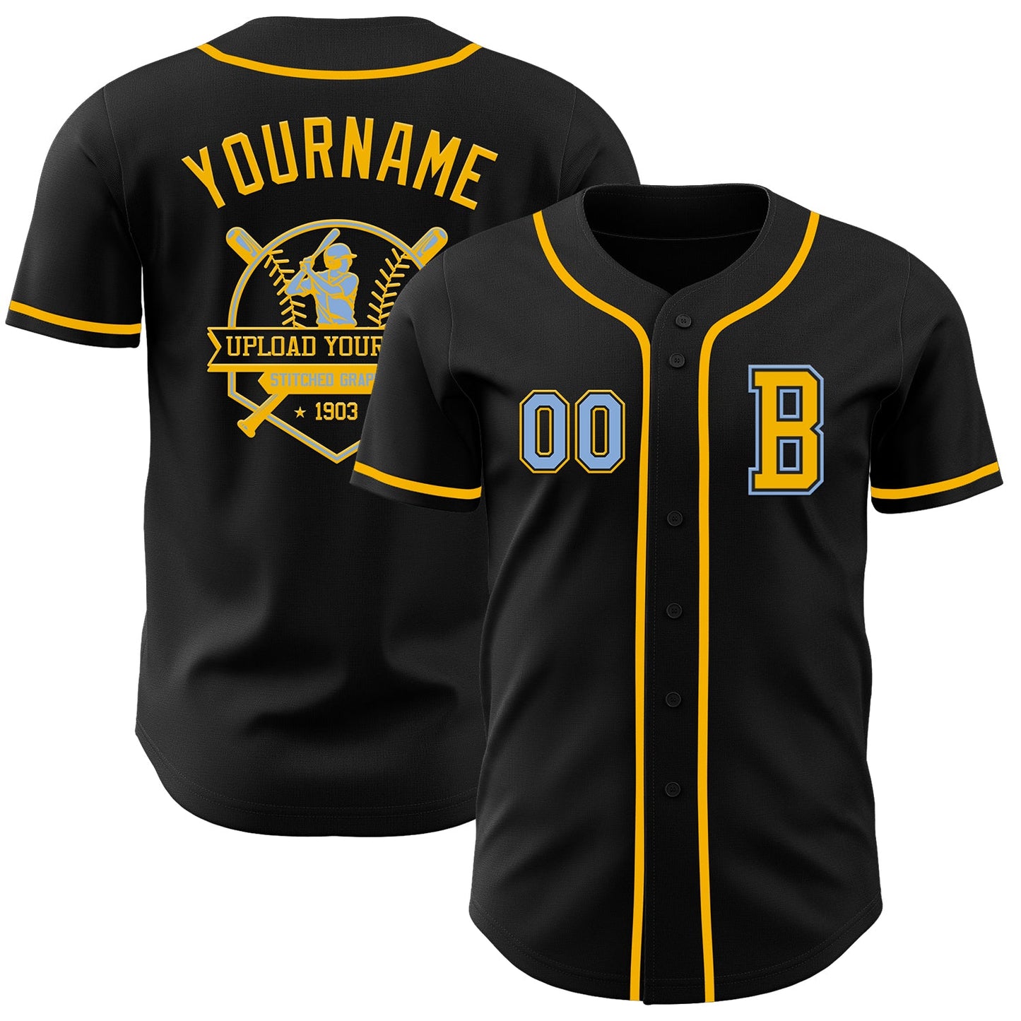 Custom Black Light Blue-Gold Authentic Baseball Jersey - Sky-Custom