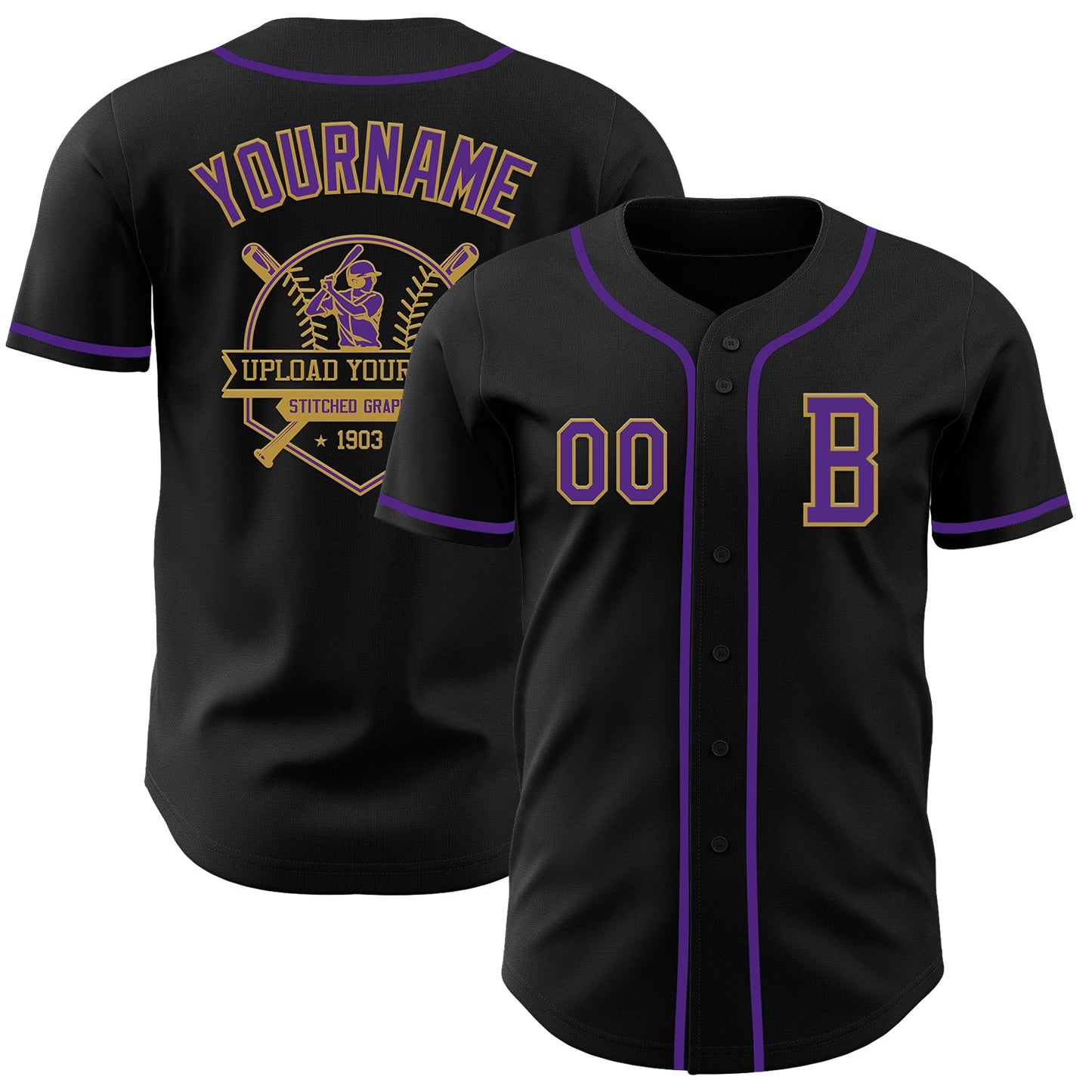 Custom Black Purple-Old Gold Authentic Baseball Jersey - Sky-Custom