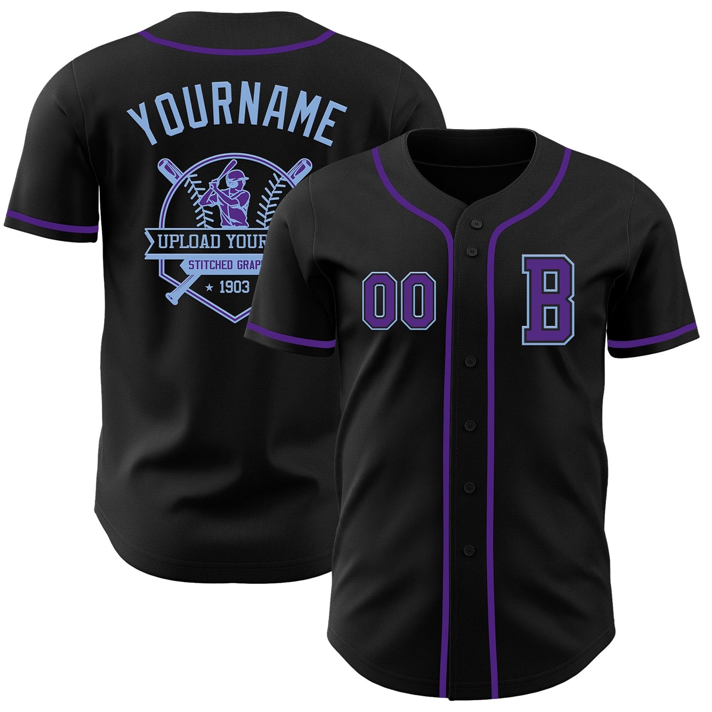Custom Black Purple-Light Blue Authentic Baseball Jersey - Sky-Custom