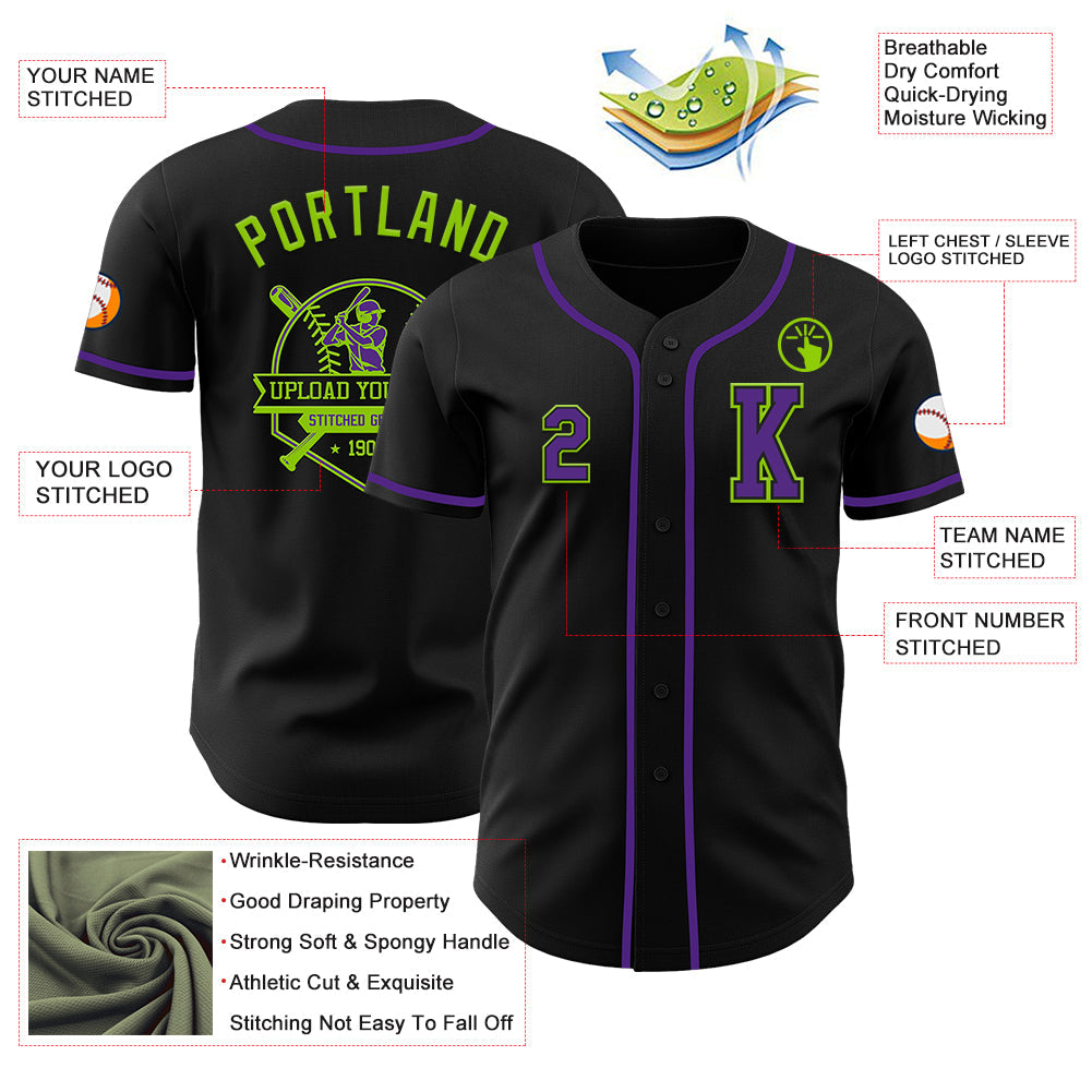 Custom Black Purple-Neon Green Authentic Baseball Jersey - Sky-Custom