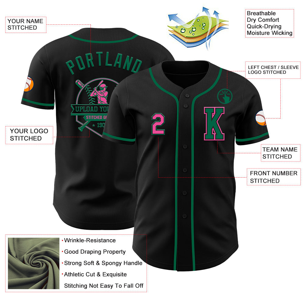 Custom Black Pink-Kelly Green Authentic Baseball Jersey - Sky-Custom