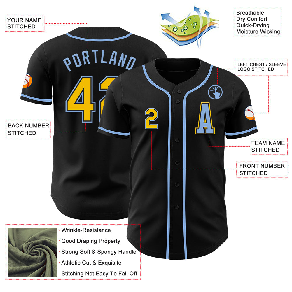 Custom Black Yellow-Light Blue Authentic Baseball Jersey - Sky-Custom