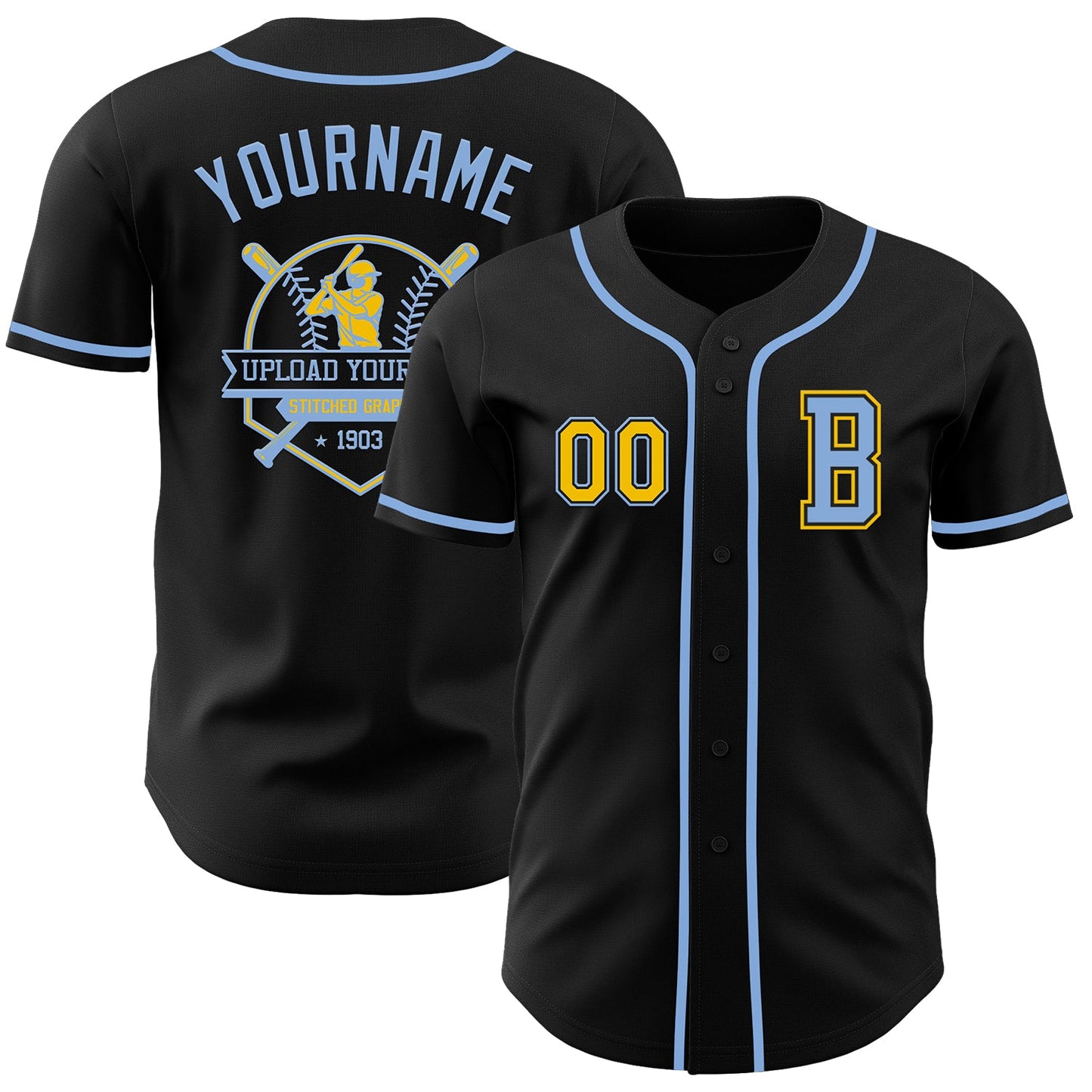 Custom Black Yellow-Light Blue Authentic Baseball Jersey - Sky-Custom