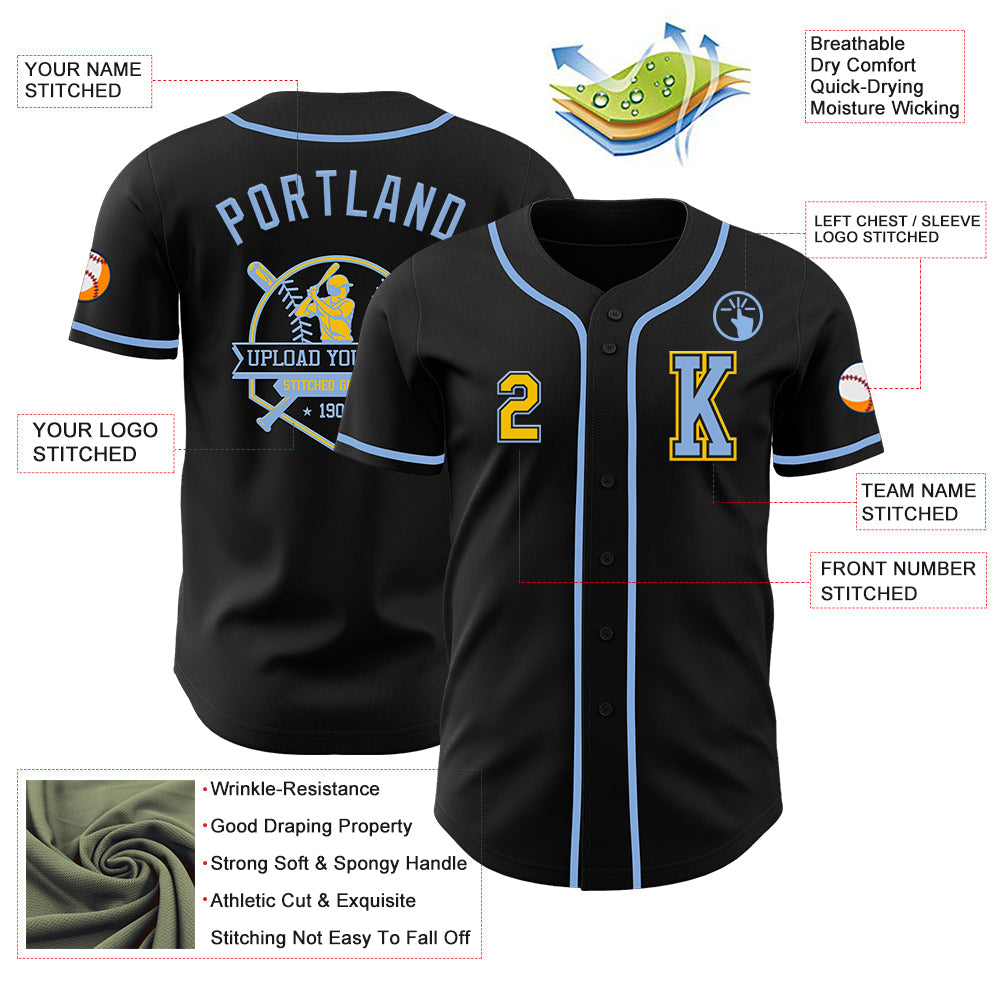 Custom Black Yellow-Light Blue Authentic Baseball Jersey - Sky-Custom
