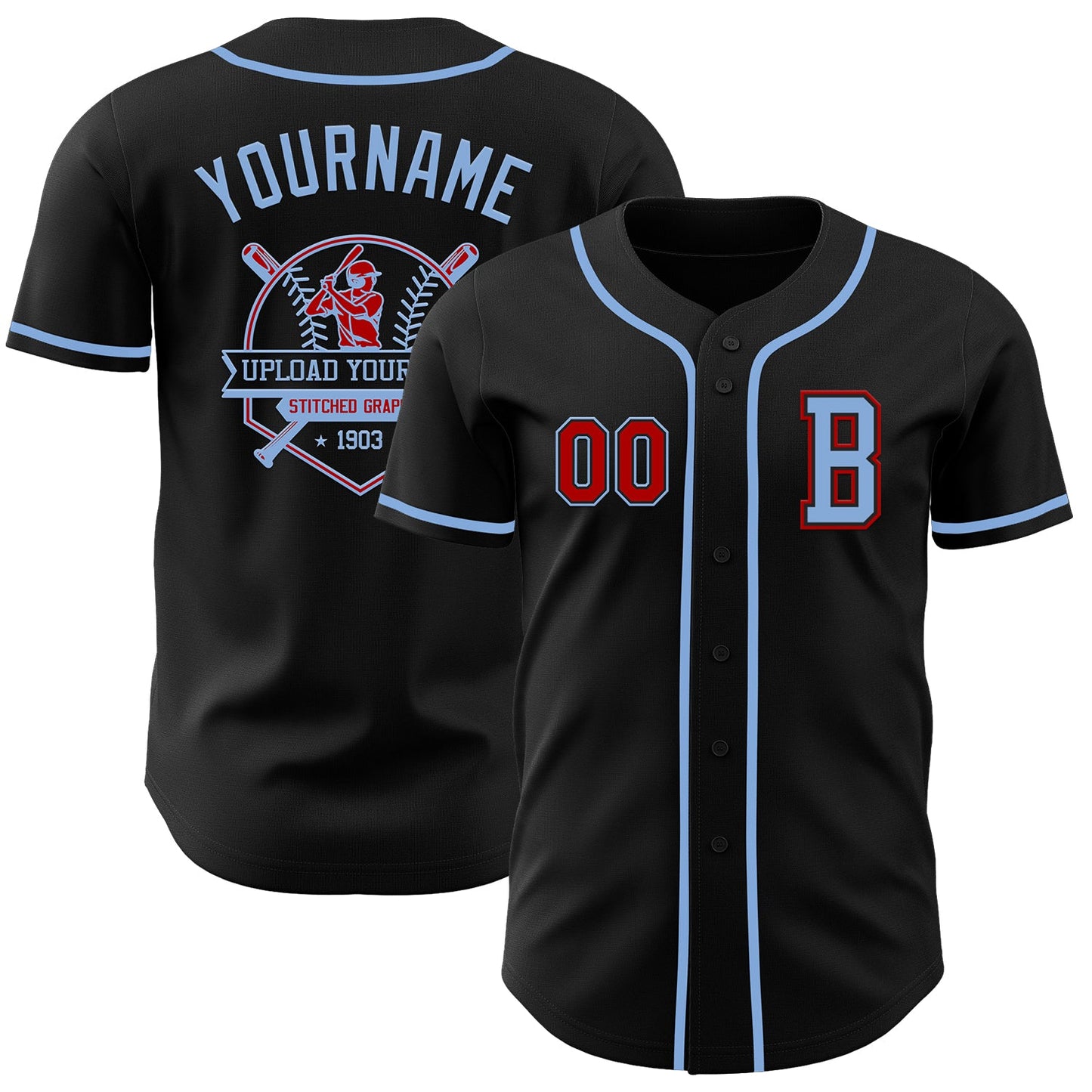 Custom Black Red-Light Blue Authentic Baseball Jersey - Sky-Custom