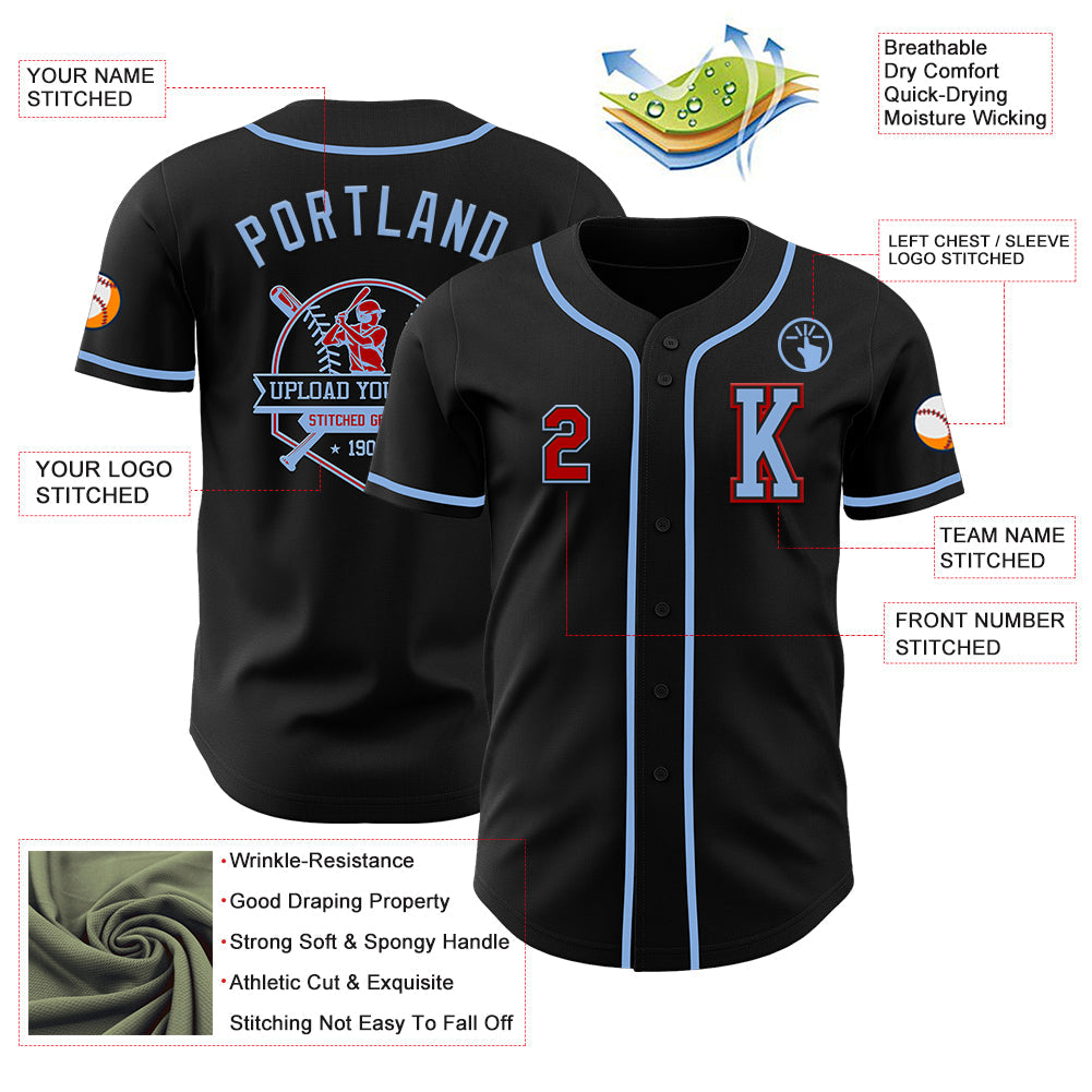 Custom Black Red-Light Blue Authentic Baseball Jersey - Sky-Custom