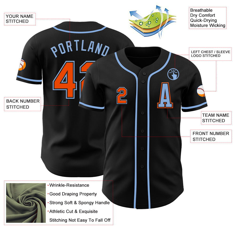 Custom Black Orange-Light Blue Authentic Baseball Jersey - Sky-Custom