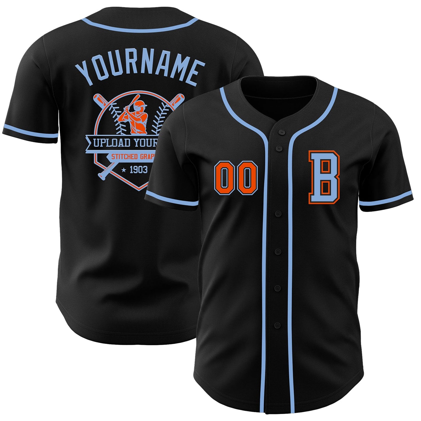Custom Black Orange-Light Blue Authentic Baseball Jersey - Sky-Custom