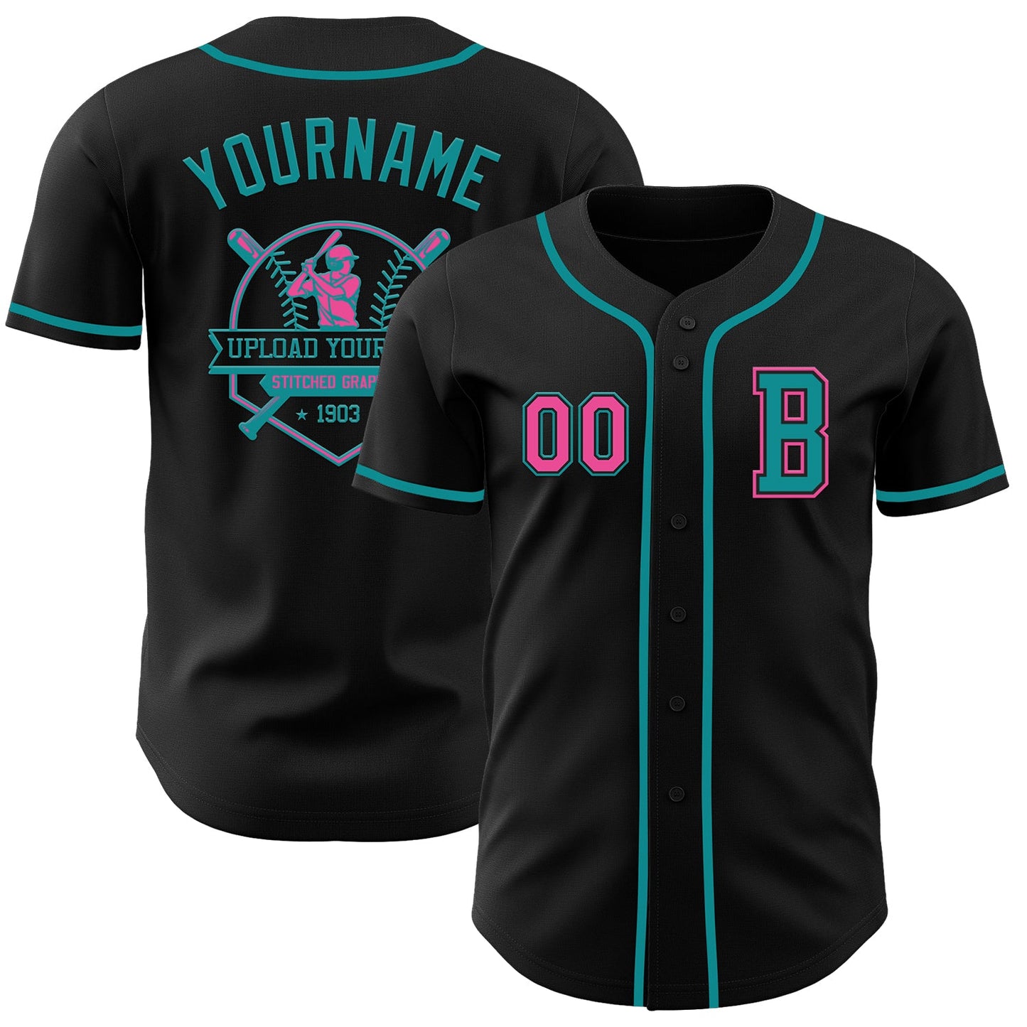 Custom Black Pink-Teal Authentic Baseball Jersey - Sky-Custom