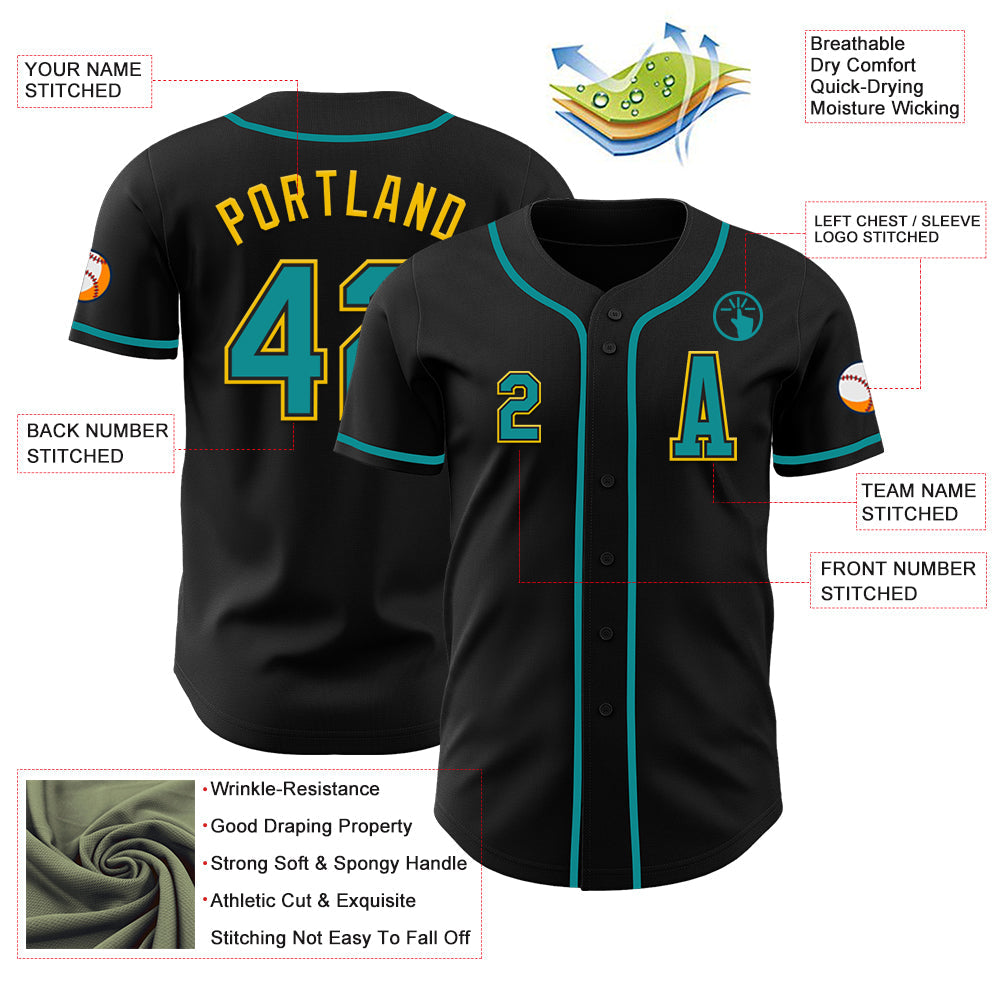 Custom Black Teal-Yellow Authentic Baseball Jersey - Sky-Custom