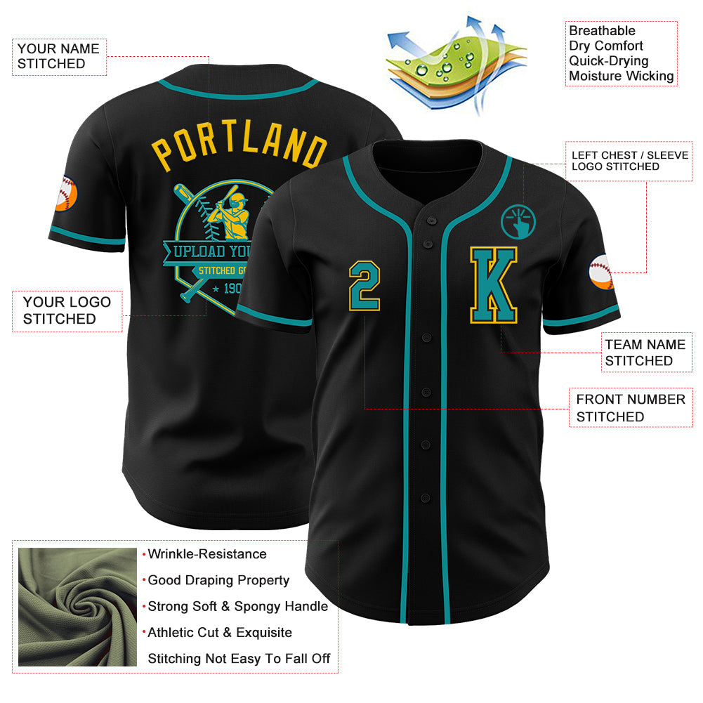 Custom Black Teal-Yellow Authentic Baseball Jersey - Sky-Custom
