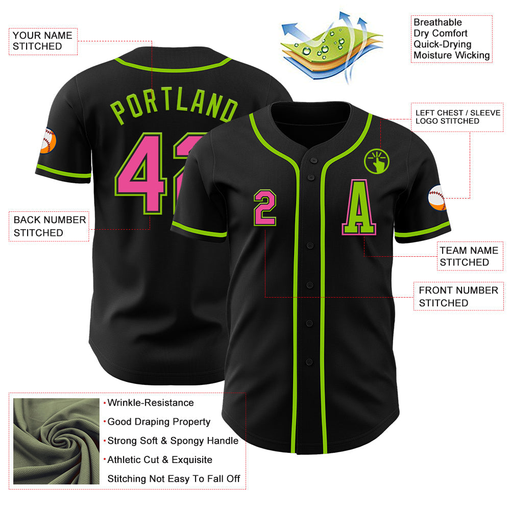 Custom Black Pink-Neon Green Authentic Baseball Jersey - Sky-Custom