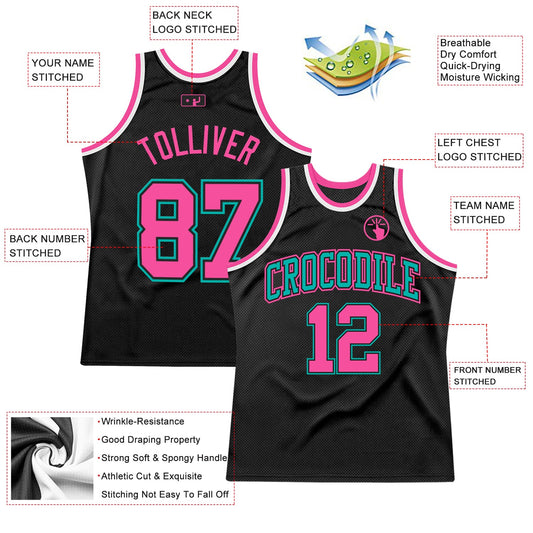 Custom Black Pink Aqua-White Authentic Throwback Basketball Jersey - Sky-Custom