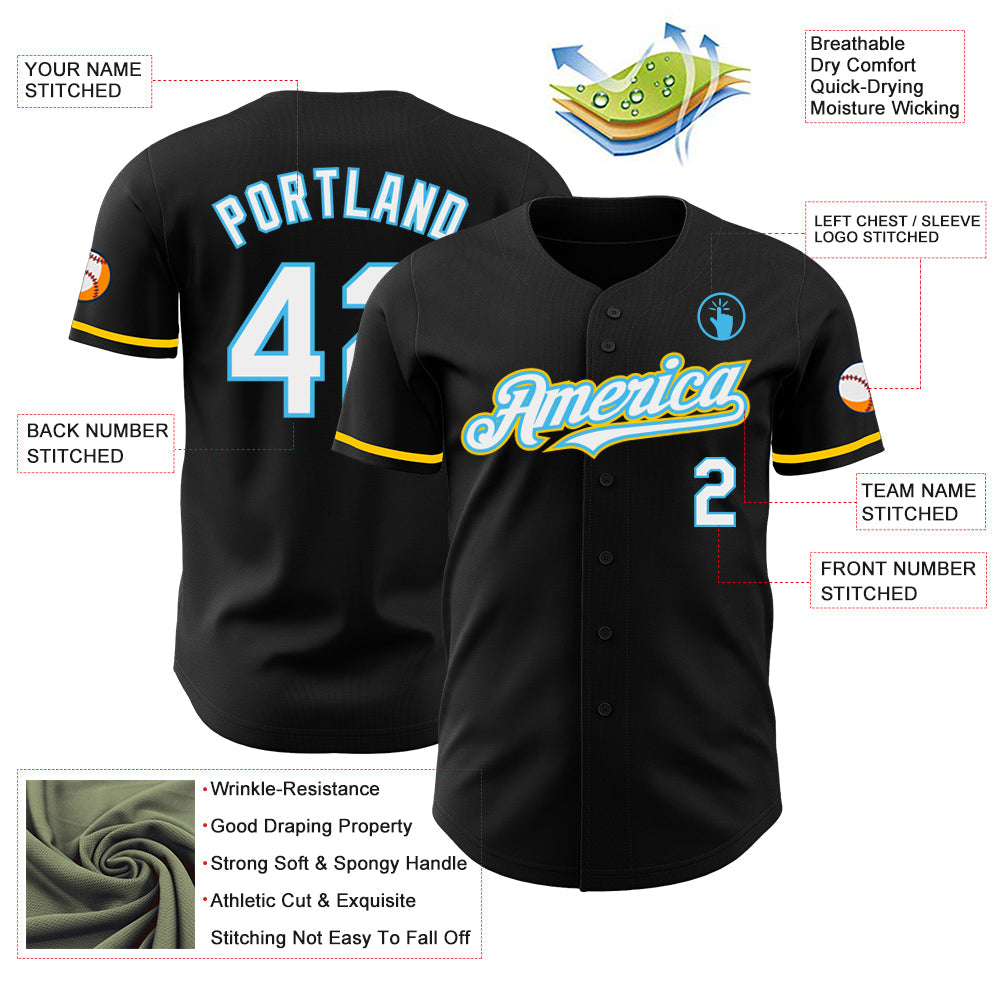 Custom Black White Sky Blue-Yellow Authentic Baseball Jersey - Sky-Custom